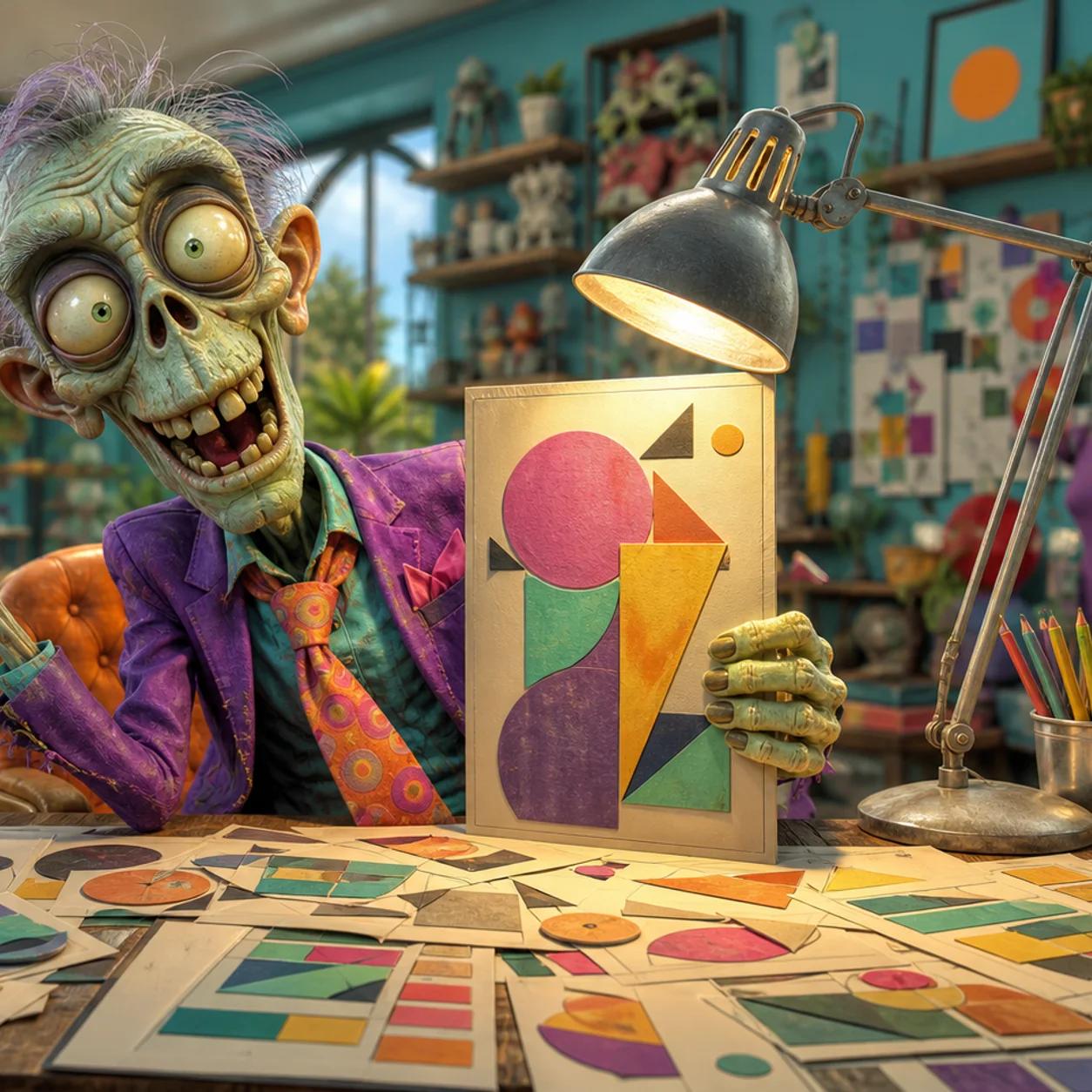A cartoon zombie mascot sits at a desk, shining a desk lamp on one favorite branding mockup while pushing aside a messy pile of other client project papers.