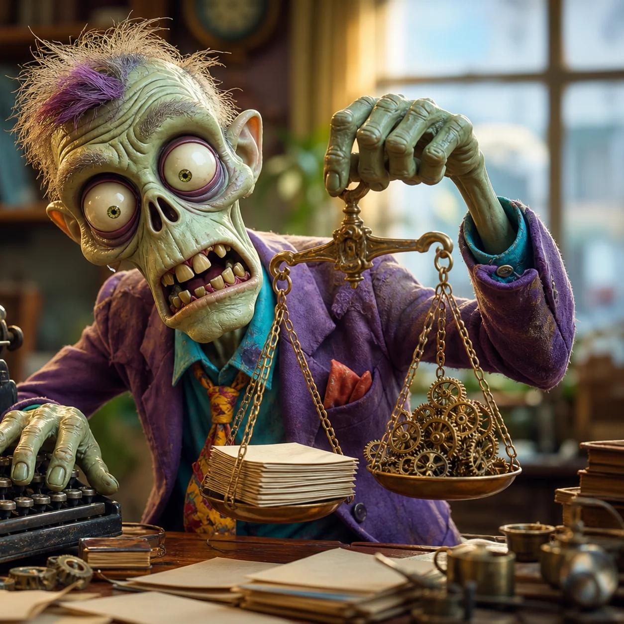 Illustration of a zombie at a wooden desk holding a brass balance scale that weighs a stack of typed pages against a pile of mechanical gears, with a vintage typewriter and desk lamp nearby.