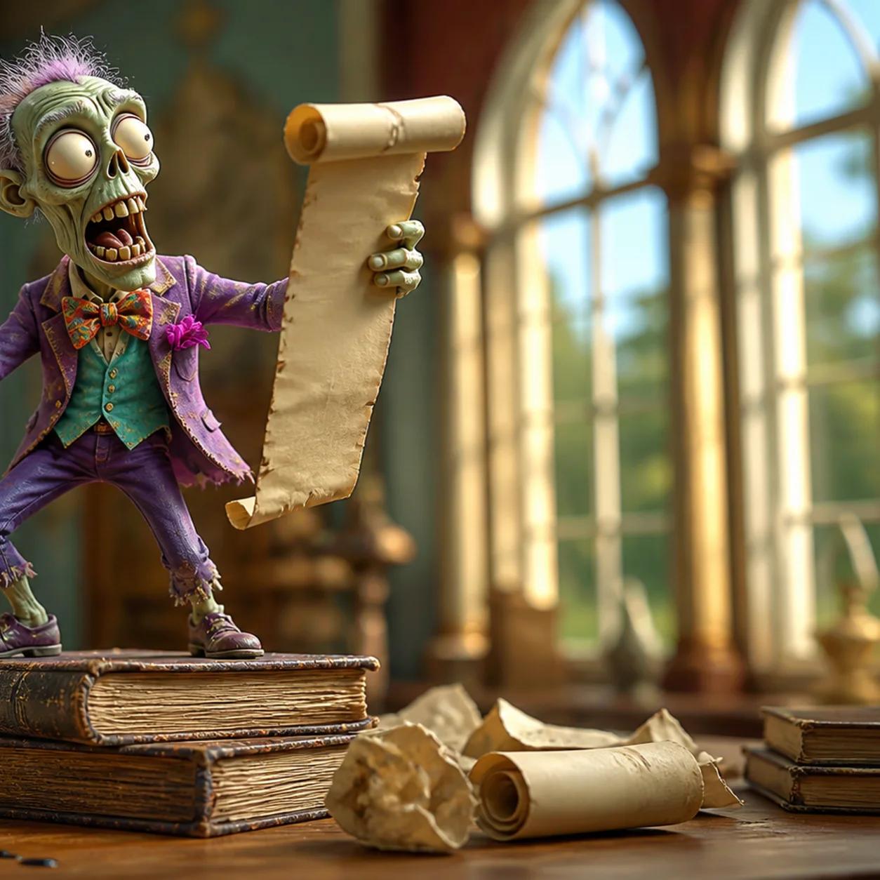 A cartoon zombie mascot stands dramatically atop a pile of large books, holding a quill and a scroll in a theatrical pose, surrounded by crumpled paper and a tipped-over inkwell on a wooden desk.