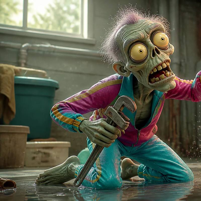 Illustration of a zombie plumber kneeling in a flooded basement next to a spraying burst pipe, wrench in hand, triumphantly holding up a giant glowing map pin marker into the air.