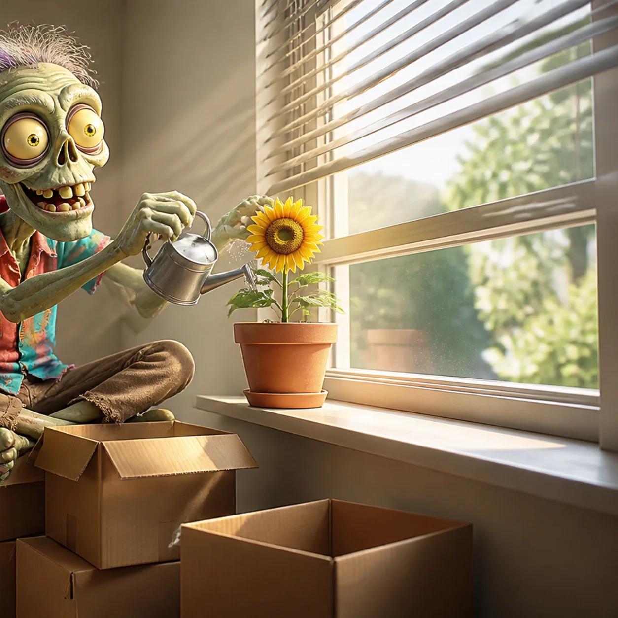 A cartoon zombie mascot sits cross-legged on a stack of cardboard boxes indoors, smiling while watering a small sunflower on a sunlit windowsill, with a steaming mug and a neat stack of toilet paper rolls nearby.