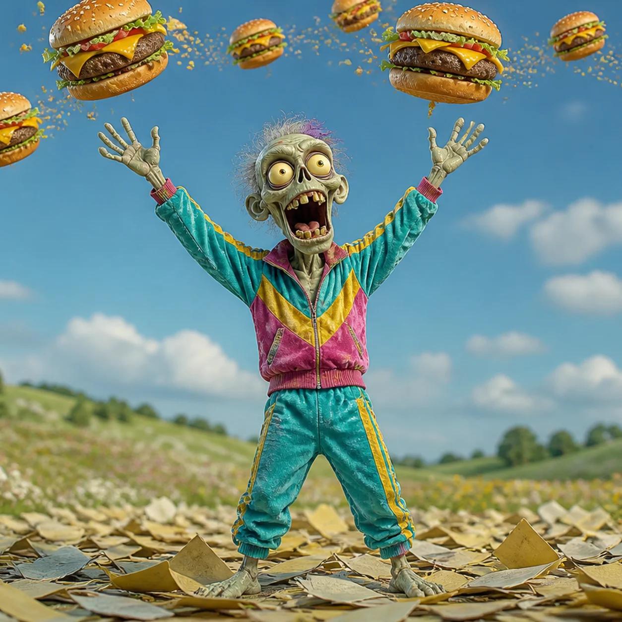A zombie stands in a field, arms raised in delight, watching a flock of giant flying cheeseburgers soar overhead while a pile of discarded, blank flyers lies forgotten at its feet.