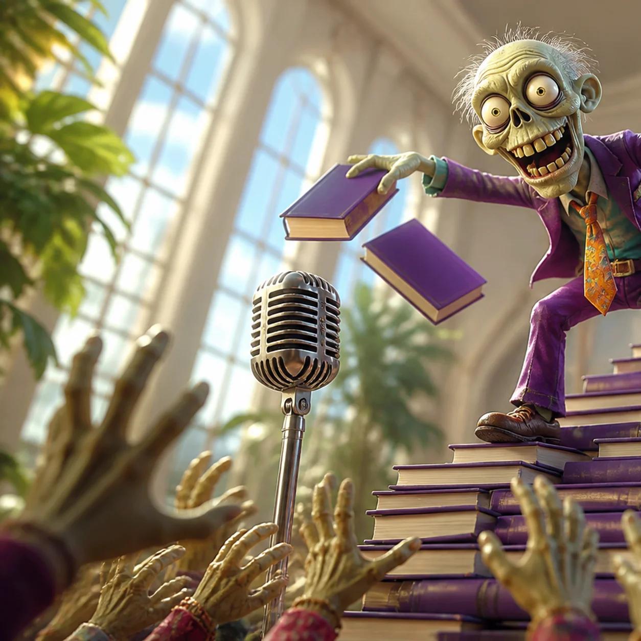 Illustration of a cartoon zombie standing on a tall staircase made of stacked books, tossing free copies down to outstretched hands below, with a retro microphone on a stand nearby.