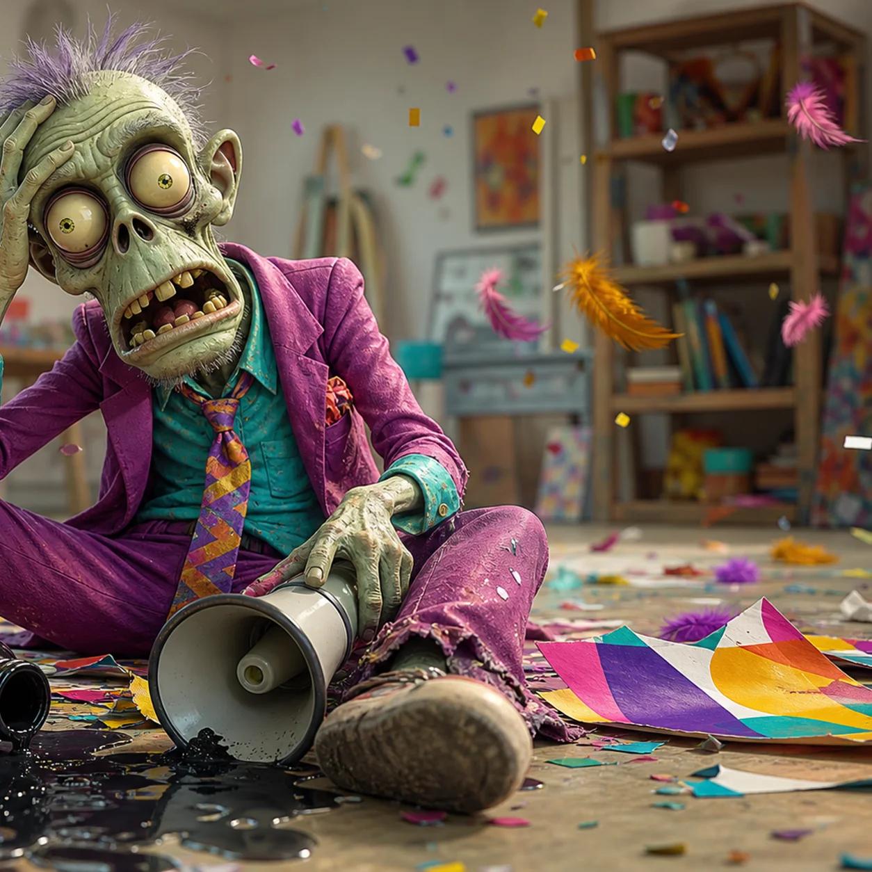 A cartoon zombie mascot sits on the ground looking distraught, surrounded by spilled ink, torn paper scraps, and a fallen megaphone amid scattered confetti.