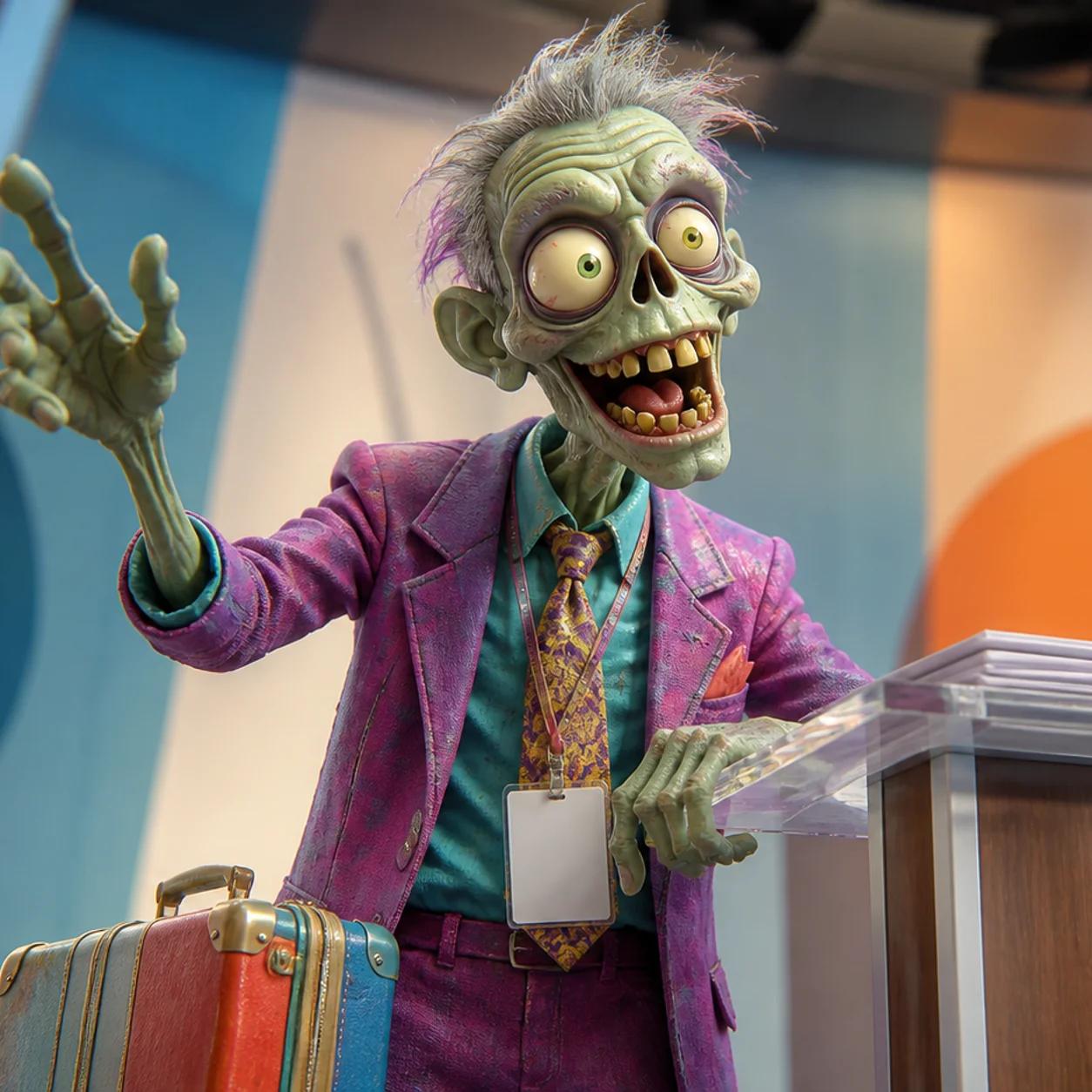 Illustration of a zombie mascot mid-speech at a conference podium, with a suitcase and a bottle of hand sanitizer beside it and a conference badge hanging from its neck.