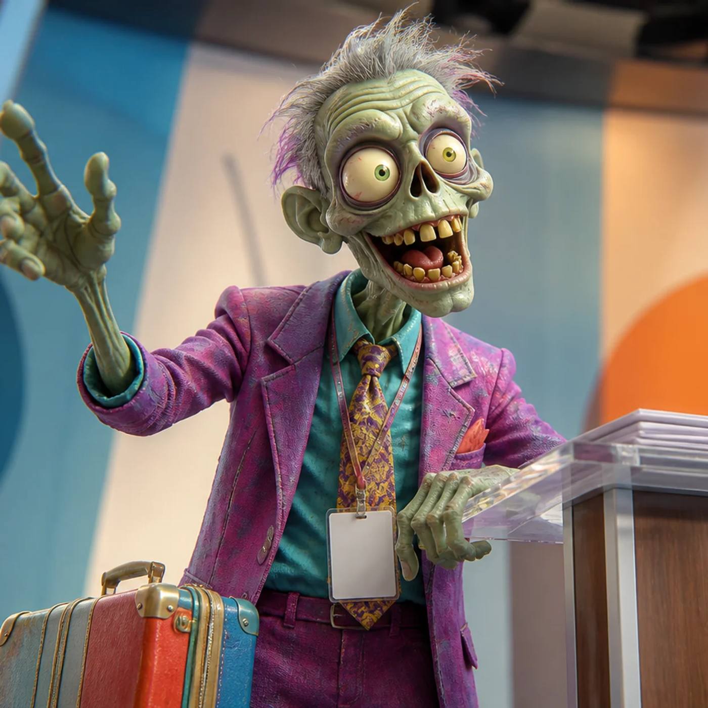 Illustration of a zombie mascot mid-speech at a conference podium, with a suitcase and a bottle of hand sanitizer beside it and a conference badge hanging from its neck.