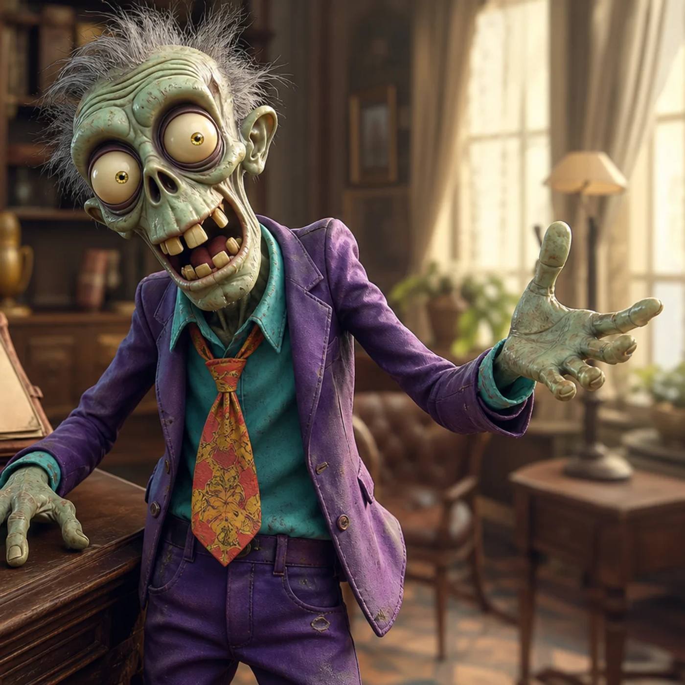 A distinguished zombie stands beside a desk covered with medals, a blueprint, and a family photo, gesturing warmly as if introducing himself, with a globe and open journal nearby suggesting a storied life of duty, business, and family.