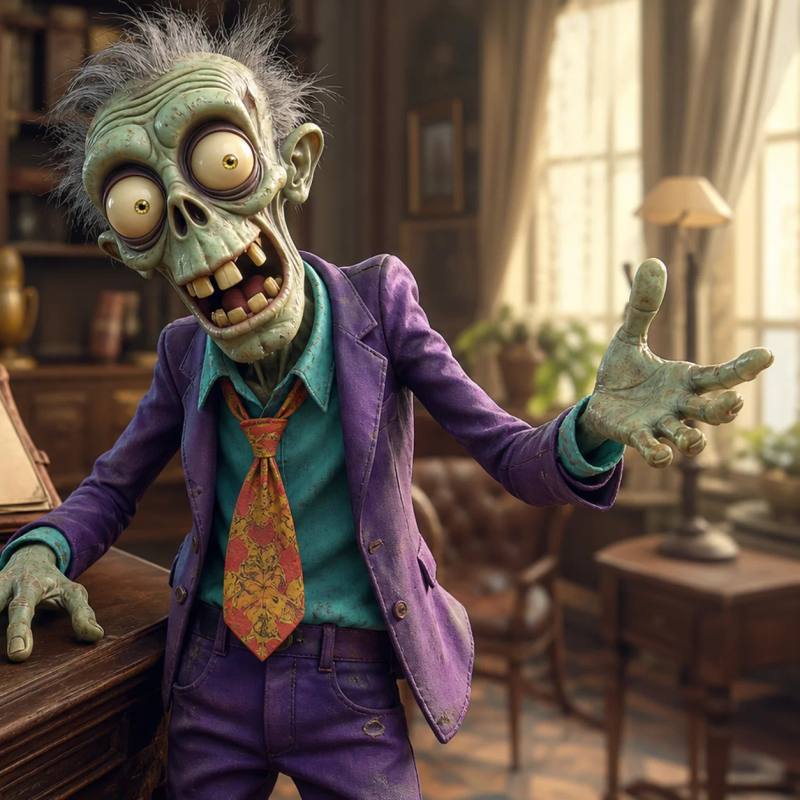 A distinguished zombie stands beside a desk covered with medals, a blueprint, and a family photo, gesturing warmly as if introducing himself, with a globe and open journal nearby suggesting a storied life of duty, business, and family.