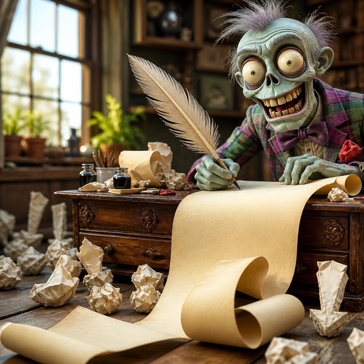 A zombie mascot grins mischievously while writing enthusiastically on a large scroll with an oversized quill, surrounded by crumpled paper balls on the floor.