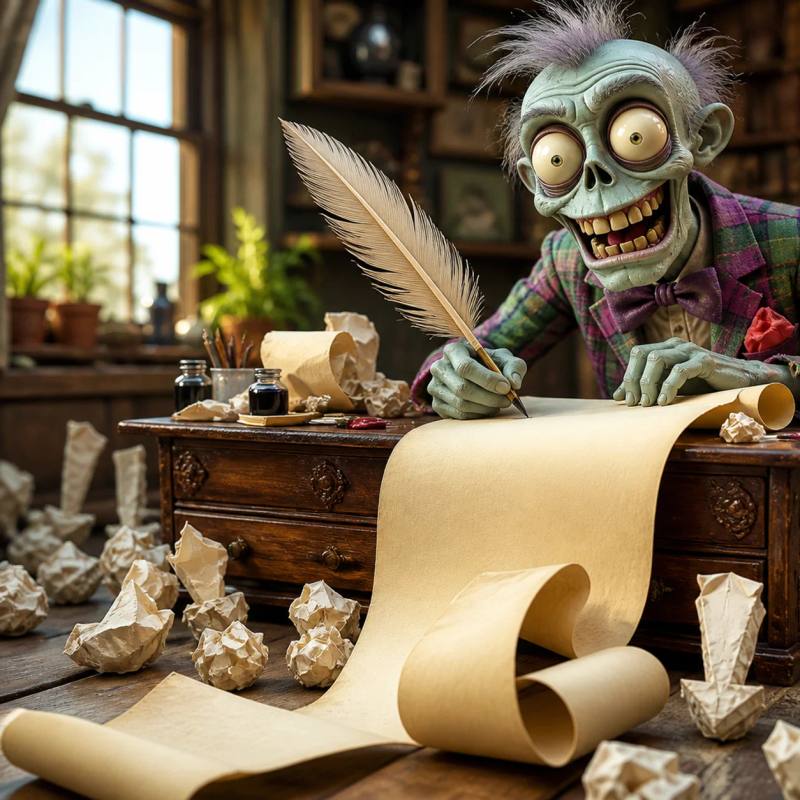 A zombie mascot grins mischievously while writing enthusiastically on a large scroll with an oversized quill, surrounded by crumpled paper balls on the floor.