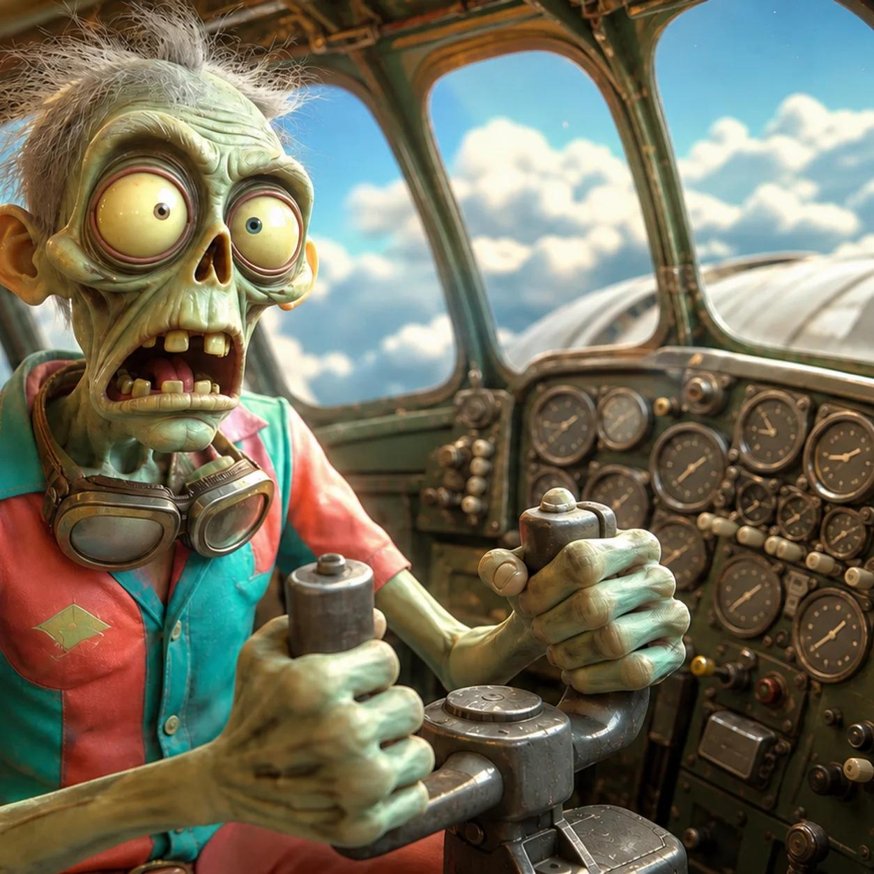 A zombie mascot sits nervously in a vintage airplane cockpit, gripping the steering yoke and surrounded by dials and switches, with a flight manual lying open and unread on the seat next to it.