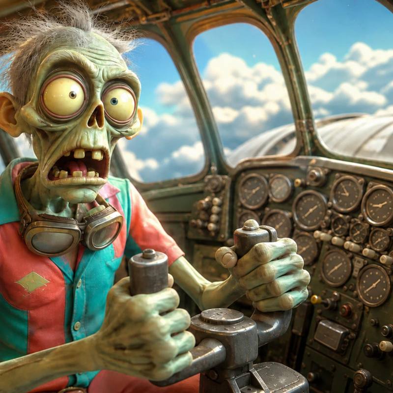 A zombie mascot sits nervously in a vintage airplane cockpit, gripping the steering yoke and surrounded by dials and switches, with a flight manual lying open and unread on the seat next to it.