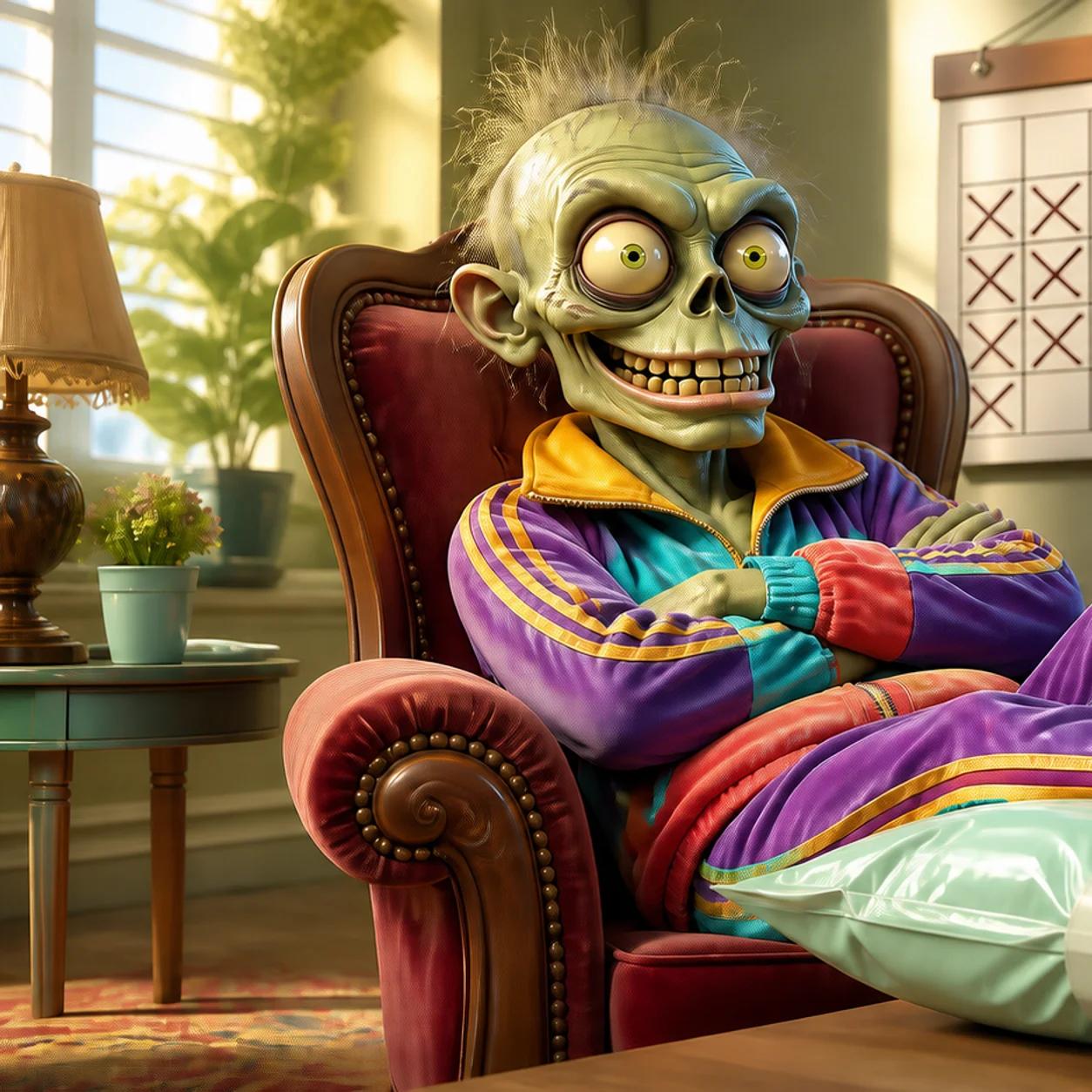A smug zombie relaxes in a recliner with his feet on an unopened hospital bag, arms crossed, in front of a calendar marked with large X's, while a watering can quietly spills water toward his feet in the background.