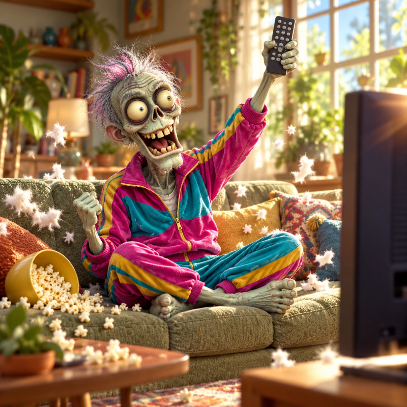 A zombie mascot sits on a couch in a dim room, wiping away tears while watching a large glowing advertisement projected on the wall, with a bowl of popcorn spilled beside its feet.