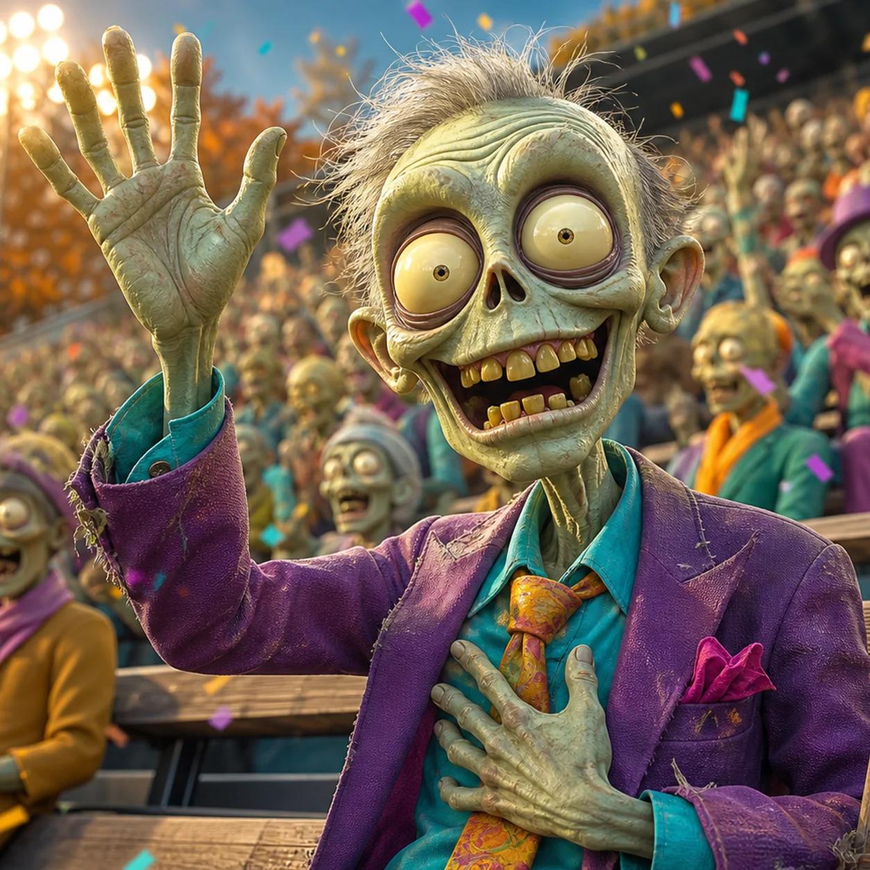 A zombie mascot stands in a crowded stadium at dusk, hand over its heart and the other arm raised in gratitude to the cheering crowd, with confetti falling and a pennant and cider cup beside it on the bleacher.