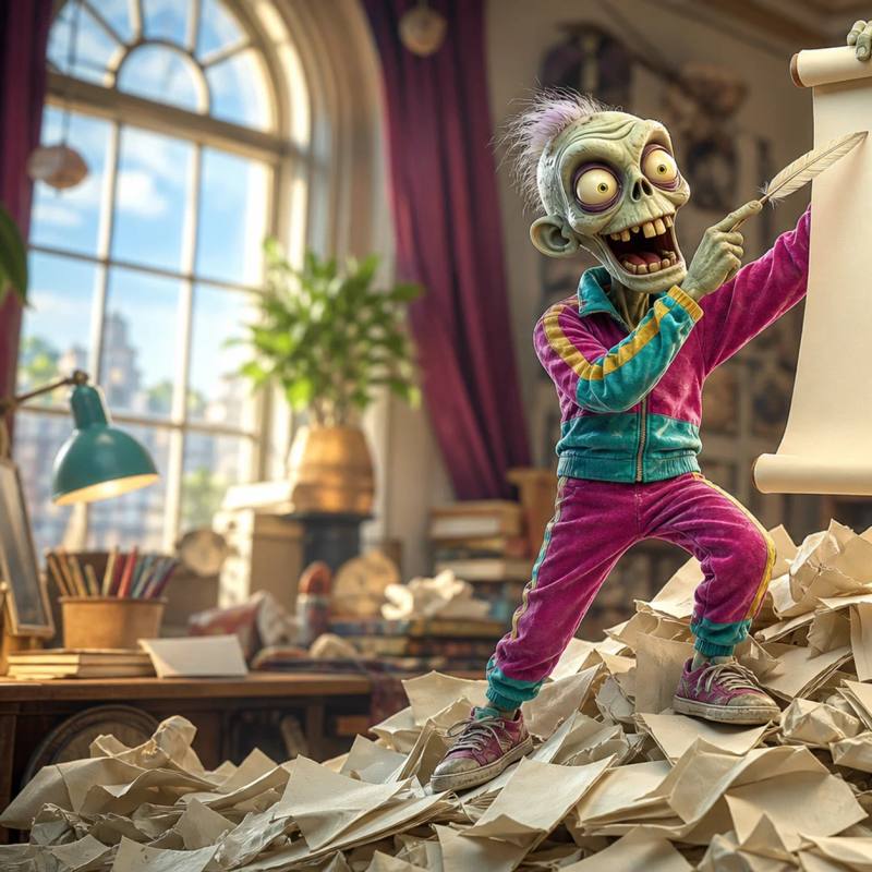 A cartoon zombie mascot stands on a heap of crumpled paper, holding up a large blank scroll and pointing to its top line with a quill, illustrating the importance of a strong headline.