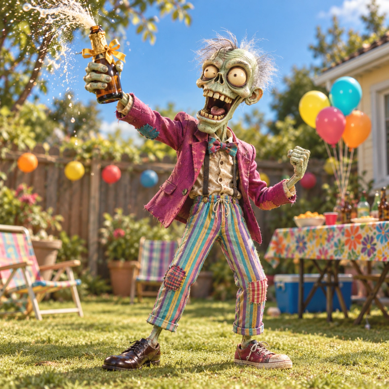 Illustration of a cartoon zombie mascot standing on a wooden crate, raising a tin mug in a toast beside a small clamp-light and a folding director's chair, evoking a low-budget movie set.