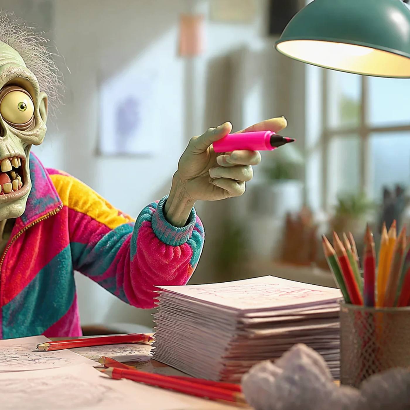 Illustration of a zombie mascot at a paper-covered desk, sorting research notes and holding a highlighter and mug amid crumpled drafts, looking productive and in charge.