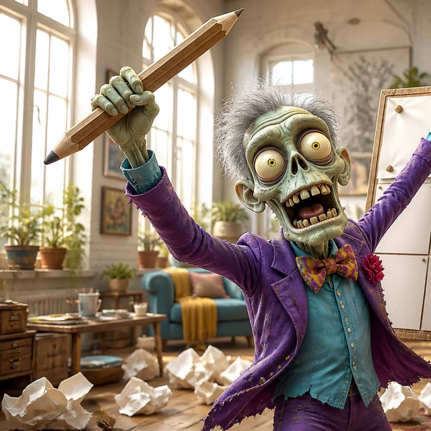 An illustrated zombie mascot proudly hangs a huge blank headline banner at the top of an empty storyboard, standing over a pile of crumpled paper drafts on the floor, holding a giant pencil aloft.