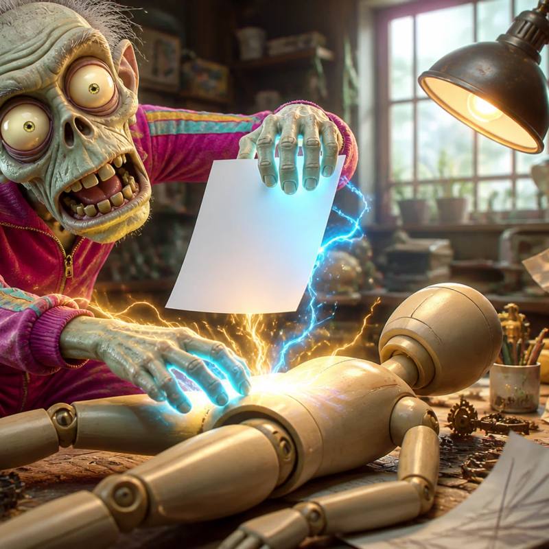 A cartoon zombie leans over a limp mannequin figure on a cluttered workshop table, channeling glowing energy through its hands as if reviving the figure with a jolt, surrounded by crumpled paper scraps, an old typewriter ribbon, and a desk lamp.