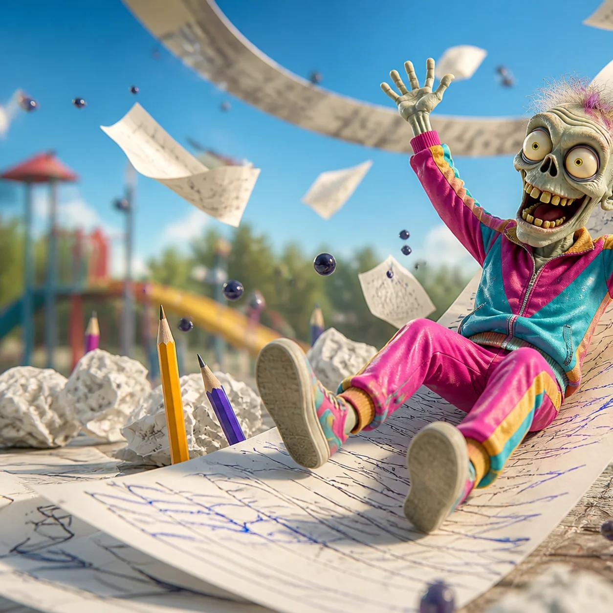 A cartoon zombie mascot joyfully slides down a giant looping ribbon of handwritten paper as pages and ink droplets fly behind it, with crumpled drafts and upright pencils scattered on the ground below.