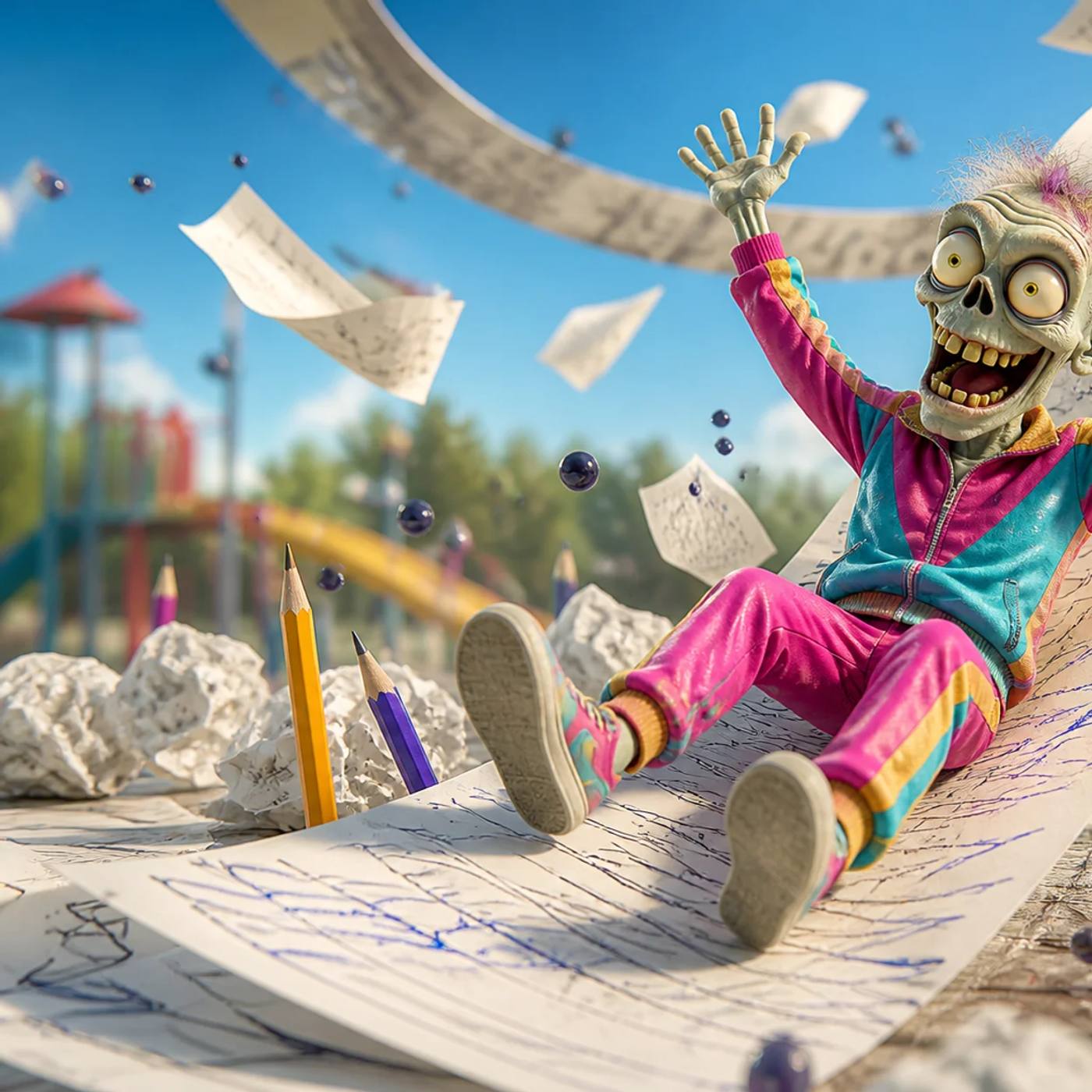 A cartoon zombie mascot joyfully slides down a giant looping ribbon of handwritten paper as pages and ink droplets fly behind it, with crumpled drafts and upright pencils scattered on the ground below.