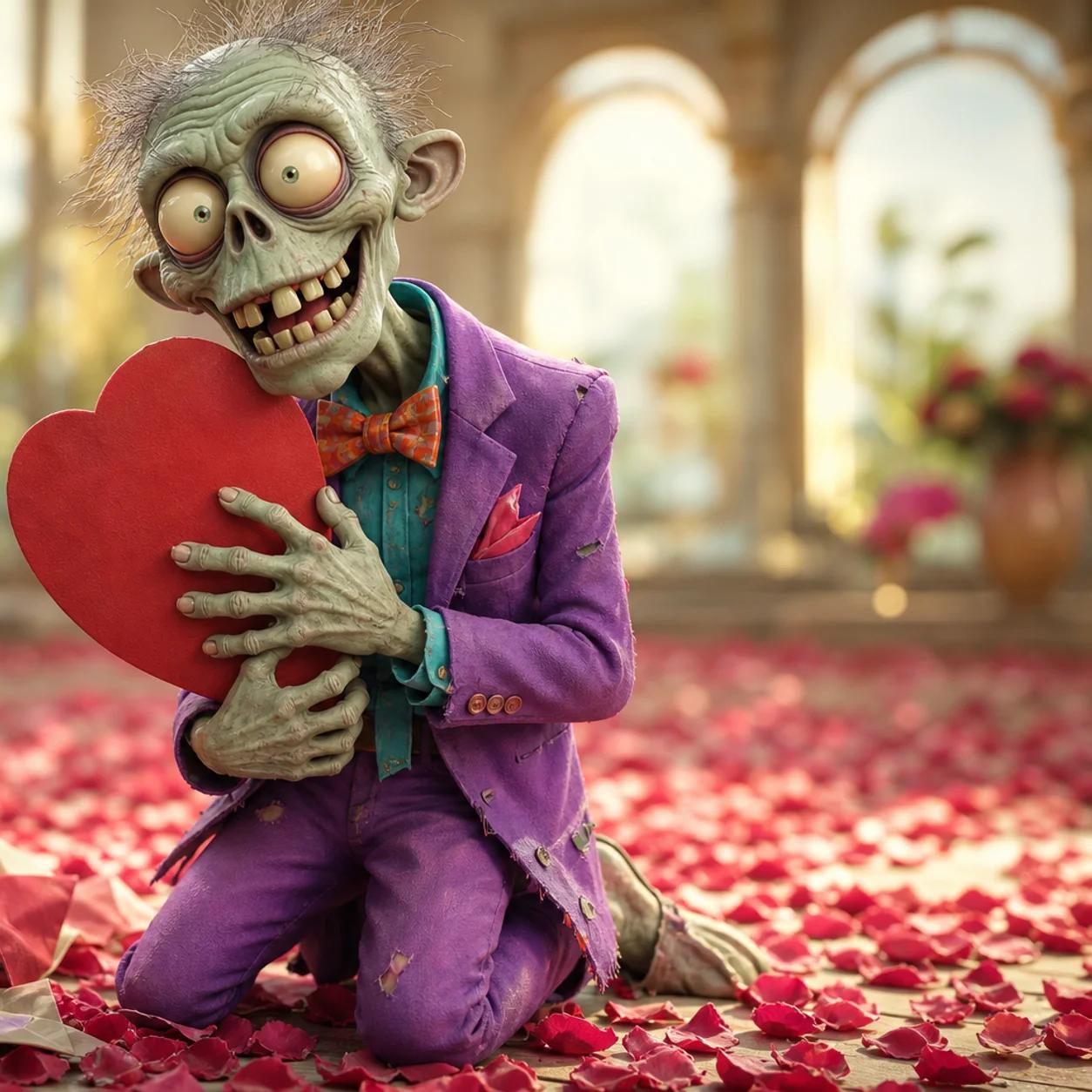 A cartoon zombie mascot kneels tenderly holding a large paper heart to its chest, surrounded by rose petals, with crumpled generic discount flyers tossed aside nearby.