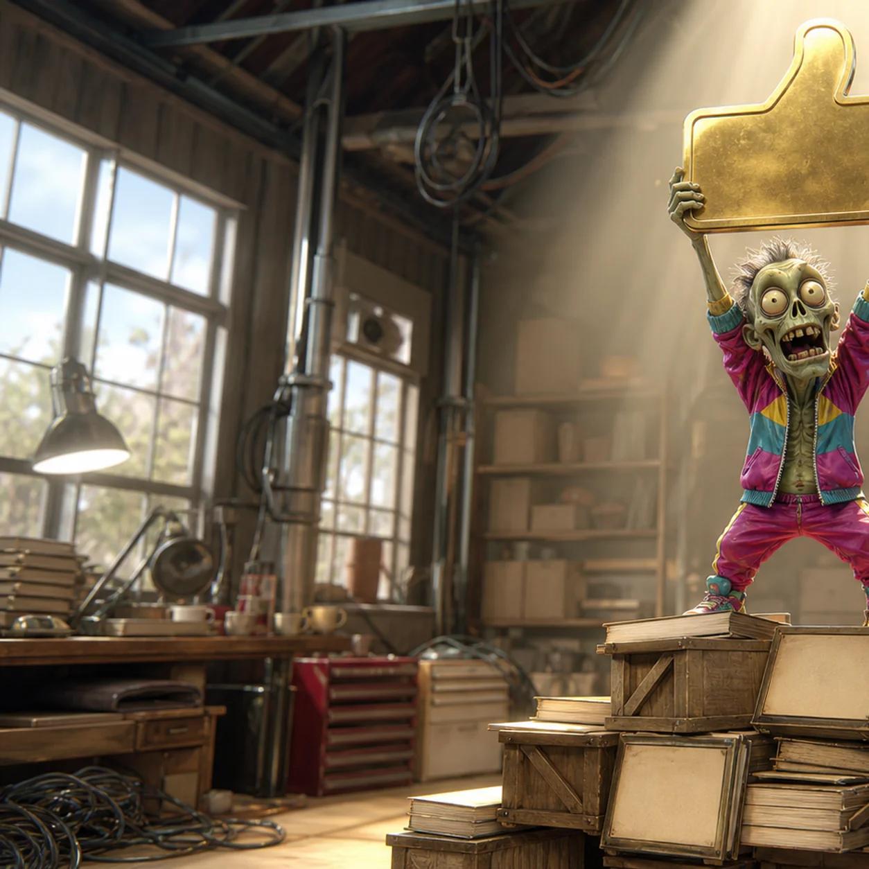 A zombie mascot stands victoriously atop a stack of crates and ledgers in a cluttered office, holding up a golden thumbs-up-shaped 'For Sale' sign under a dramatic spotlight.