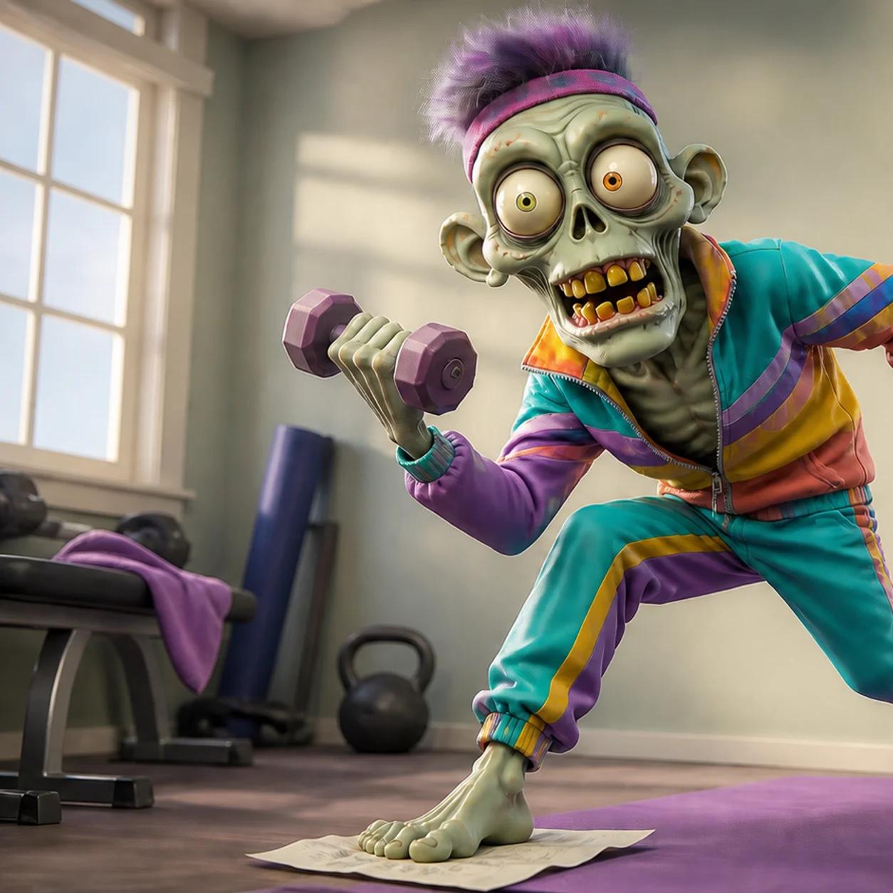 A cartoon zombie mascot lifts a small dumbbell in a modest home gym, standing on a crumpled resolutions list next to a wall calendar marked with daily checkmarks.