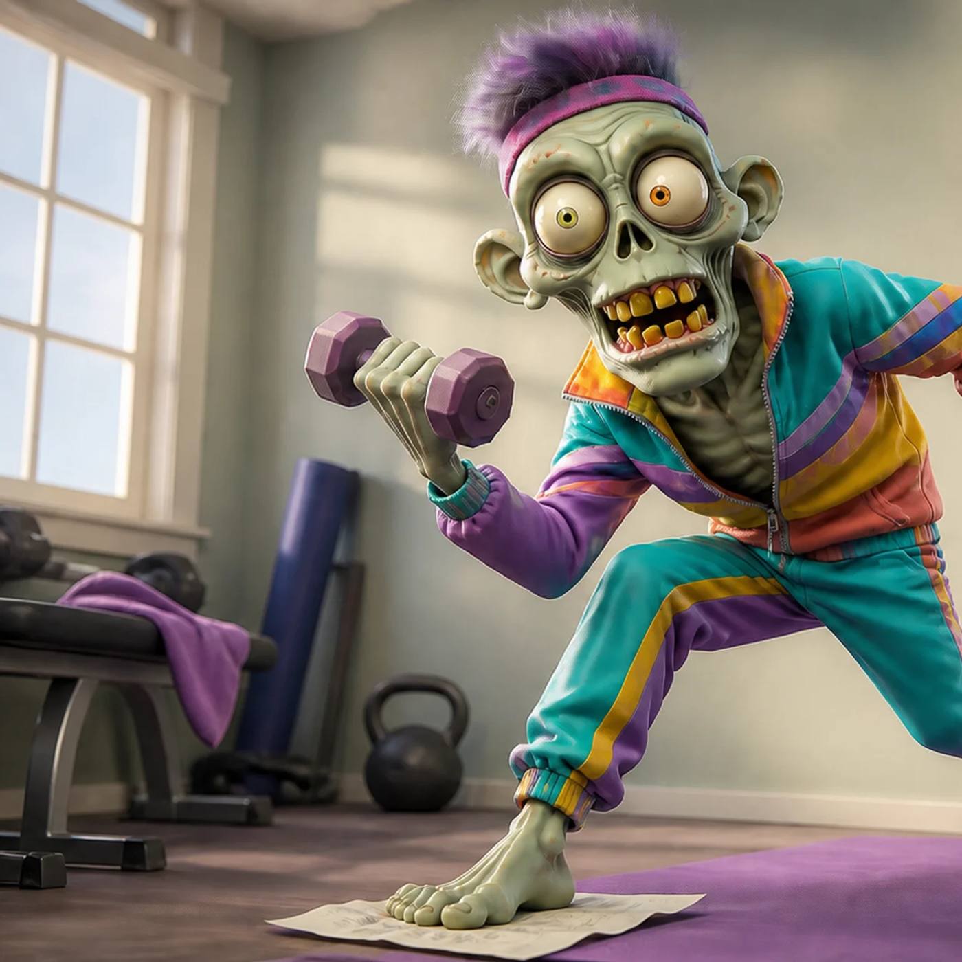 A cartoon zombie mascot lifts a small dumbbell in a modest home gym, standing on a crumpled resolutions list next to a wall calendar marked with daily checkmarks.