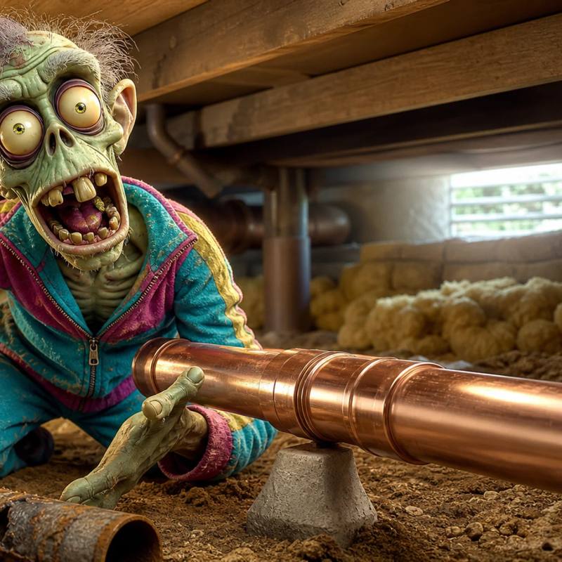A cartoon zombie plumber crouches in a crawlspace next to newly installed shiny pipe, snapping an instant photo with a retro camera while a rusty old pipe piece and toolbox sit nearby.
