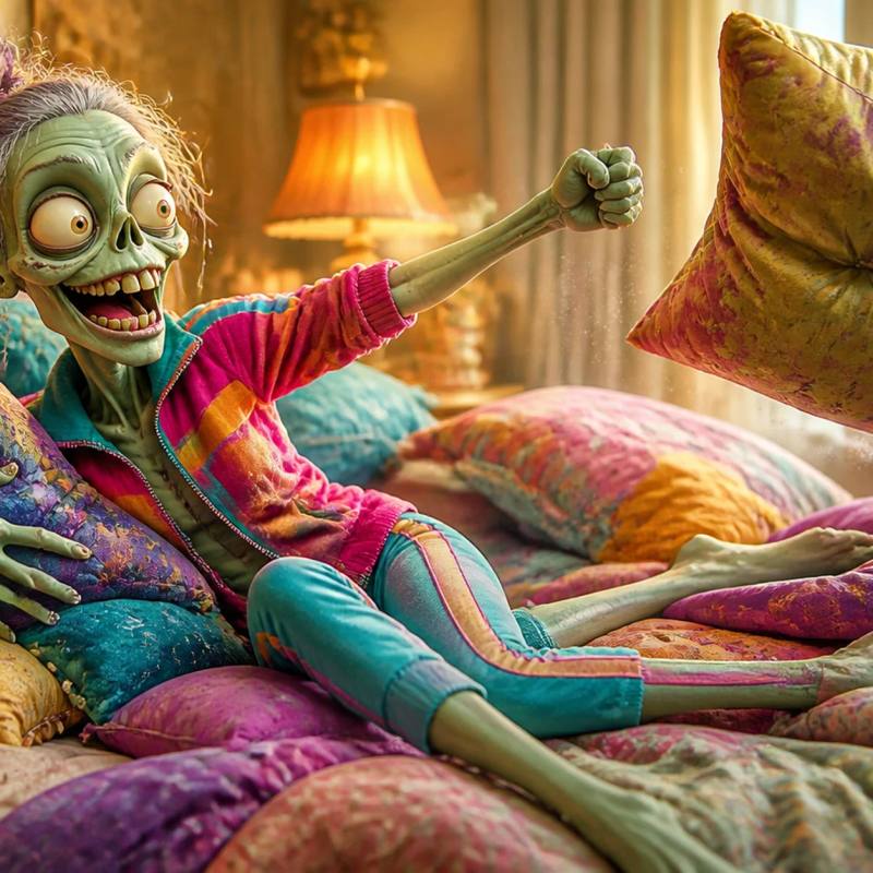 A cartoon zombie sprawled across a bed hugs a pile of pillows and punches one into shape while searching for the perfect comfortable spot, with rumpled blankets on the floor and a lamp glowing softly nearby.