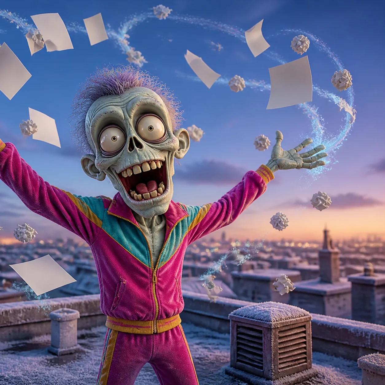 A cartoon zombie mascot stands on a snowy rooftop with arms raised triumphantly, releasing a swirl of papers and sketches into the wind under a dusky sky.