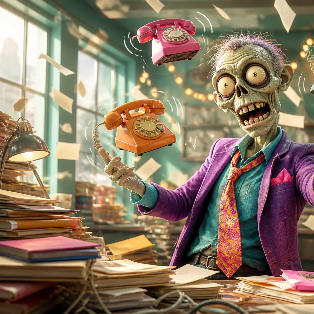 A cartoon zombie mascot stands in a messy home office, juggling several old-fashioned telephones while surrounded by toppling folders, scattered papers, and tangled string lights.
