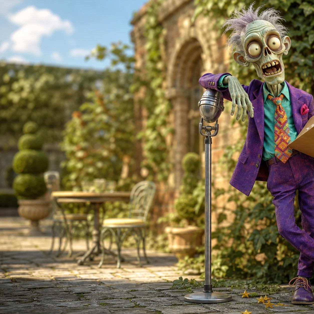A cartoon zombie mascot stands confidently by a podcast microphone stand, holding a folder of papers with gold star stickers scattered at its feet, and a small Union Jack umbrella leaning against a brick wall beside it.