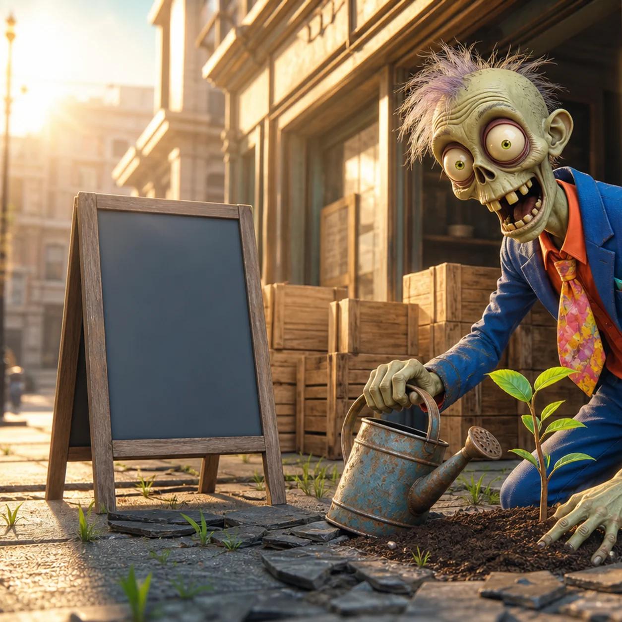A zombie mascot kneels outside a small shop, planting a sapling in cracked pavement that's sprouting new greenery, with a watering can, crates, and a fresh paint can nearby as sunrise light suggests renewal and growth.