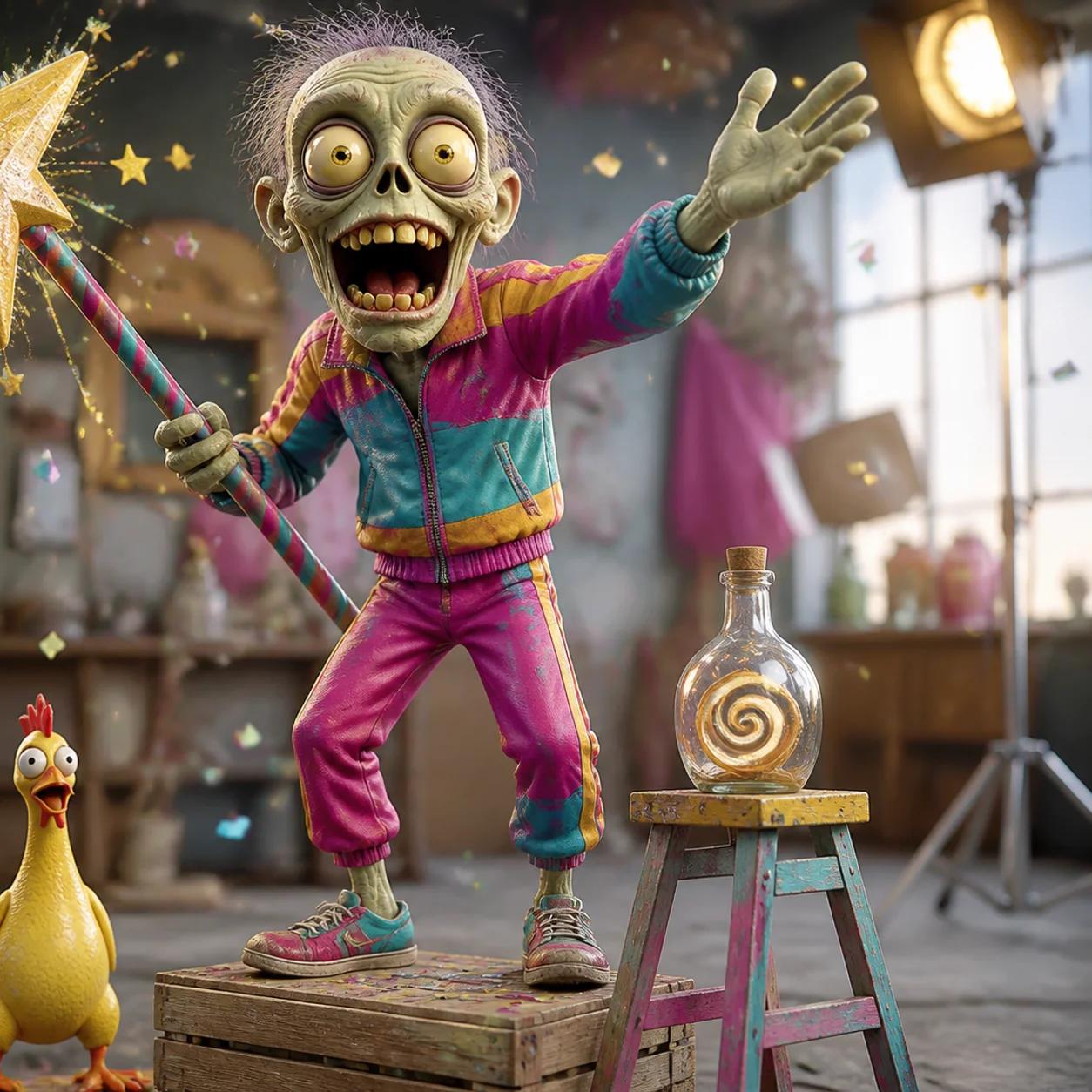 A cartoon zombie mascot stands on a crate directing an imaginary commercial, waving a sparkling prop wand amid floating confetti, a rubber chicken, a small stepladder, and a bottle with a swirl symbol instead of readable text.