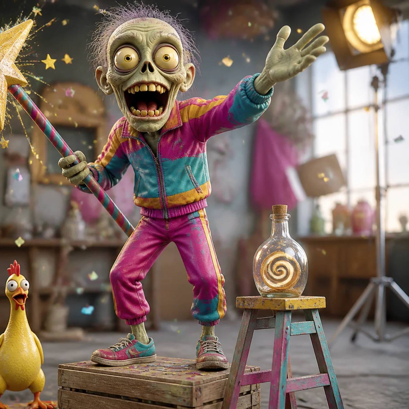A cartoon zombie mascot stands on a crate directing an imaginary commercial, waving a sparkling prop wand amid floating confetti, a rubber chicken, a small stepladder, and a bottle with a swirl symbol instead of readable text.
