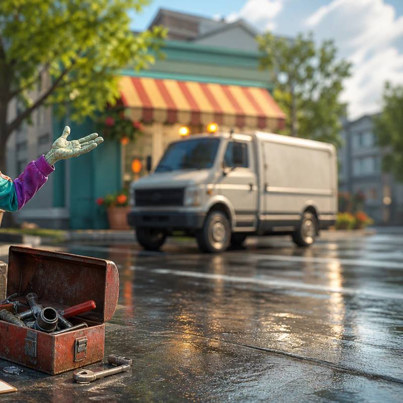 A zombie mascot kneeling on a rainy front stoop next to a leaking pipe and scattered tools, looking frustrated while a competitor's plumbing van is parked across the street.