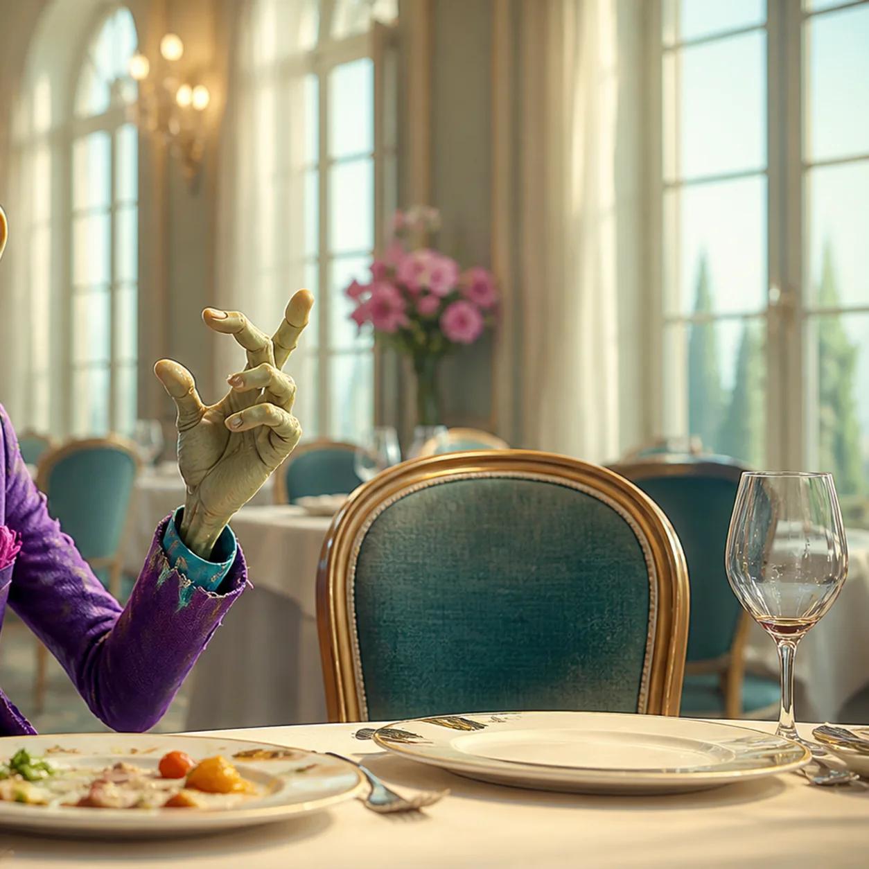 A cartoon zombie mascot sits nervously at a nicely set dinner table, gesturing with one hand as if practicing what to say, with an empty chair waiting across from them.