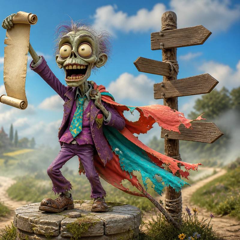 A zombie mascot stands triumphantly on a stone pedestal at a foggy crossroads, holding up a torn map scroll beside a signpost with blank directional arrows.