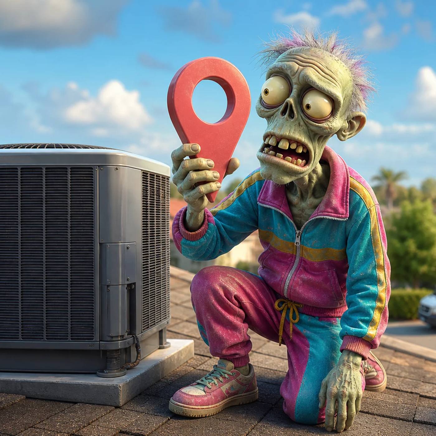 A cartoon zombie mascot kneels on a rooftop next to an AC unit, holding up a giant map-pin marker and inspecting it curiously, with a ladder and toolboxes nearby and a rival service van visible in a neighboring driveway.