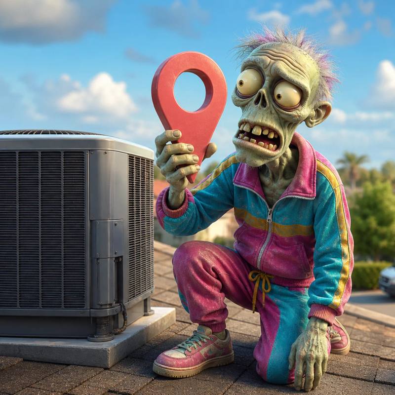 A cartoon zombie mascot kneels on a rooftop next to an AC unit, holding up a giant map-pin marker and inspecting it curiously, with a ladder and toolboxes nearby and a rival service van visible in a neighboring driveway.