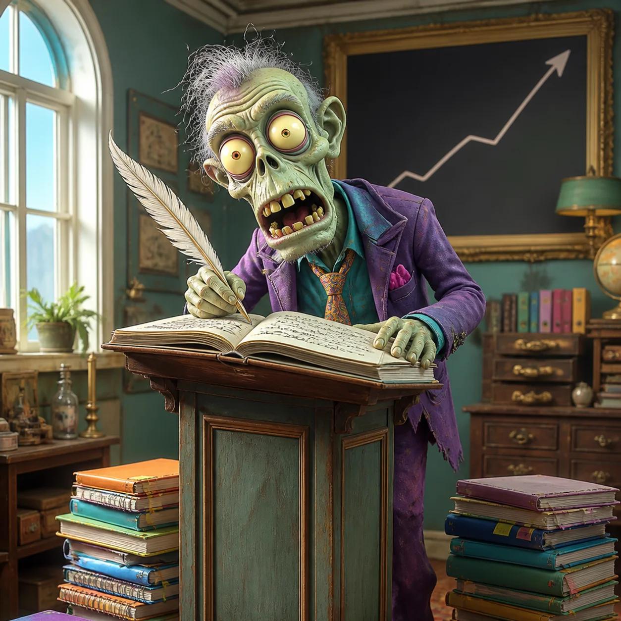 An illustrated zombie mascot stands at a podium desk writing in a giant open ledger with a quill, surrounded by tall stacks of notebooks and folders, with an upward-trending growth chart drawn on the wall behind it.