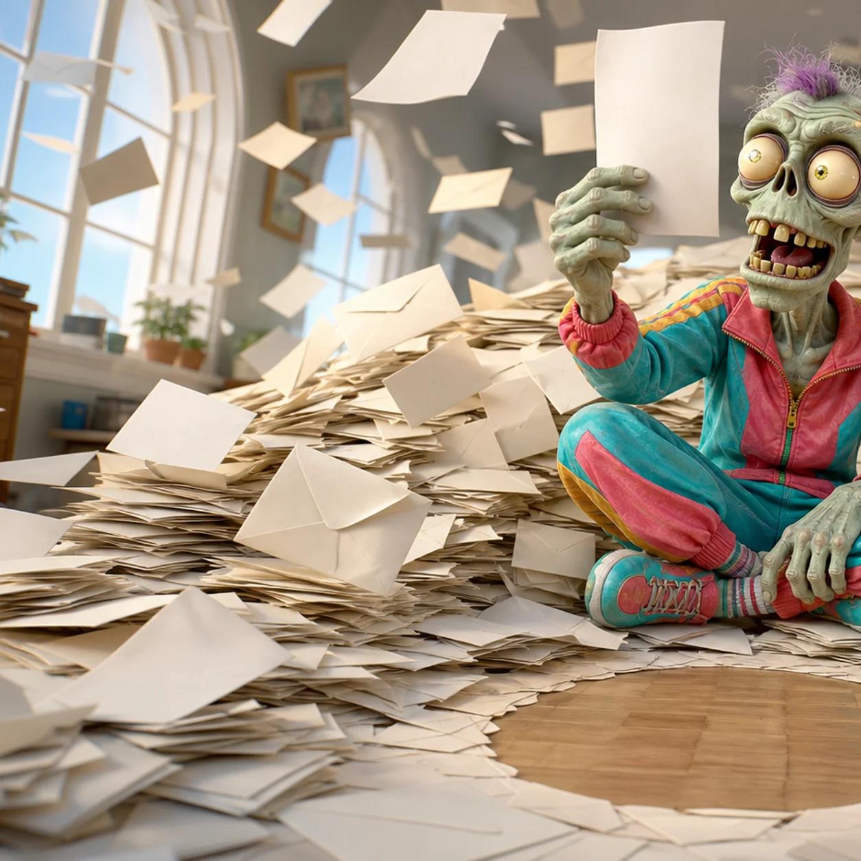 Illustration of a cartoon zombie mascot perched on a huge pile of paper and envelopes, holding one letter up thoughtfully while more papers flutter down, with a small cleared circle of floor visible beneath it.