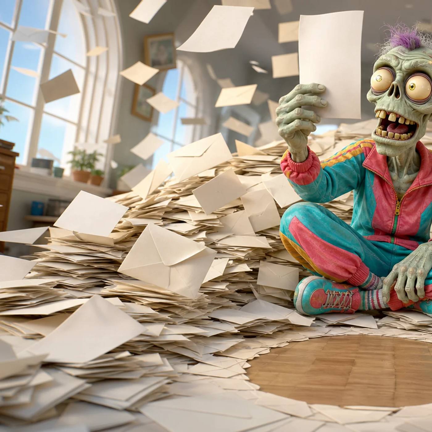 Illustration of a cartoon zombie mascot perched on a huge pile of paper and envelopes, holding one letter up thoughtfully while more papers flutter down, with a small cleared circle of floor visible beneath it.