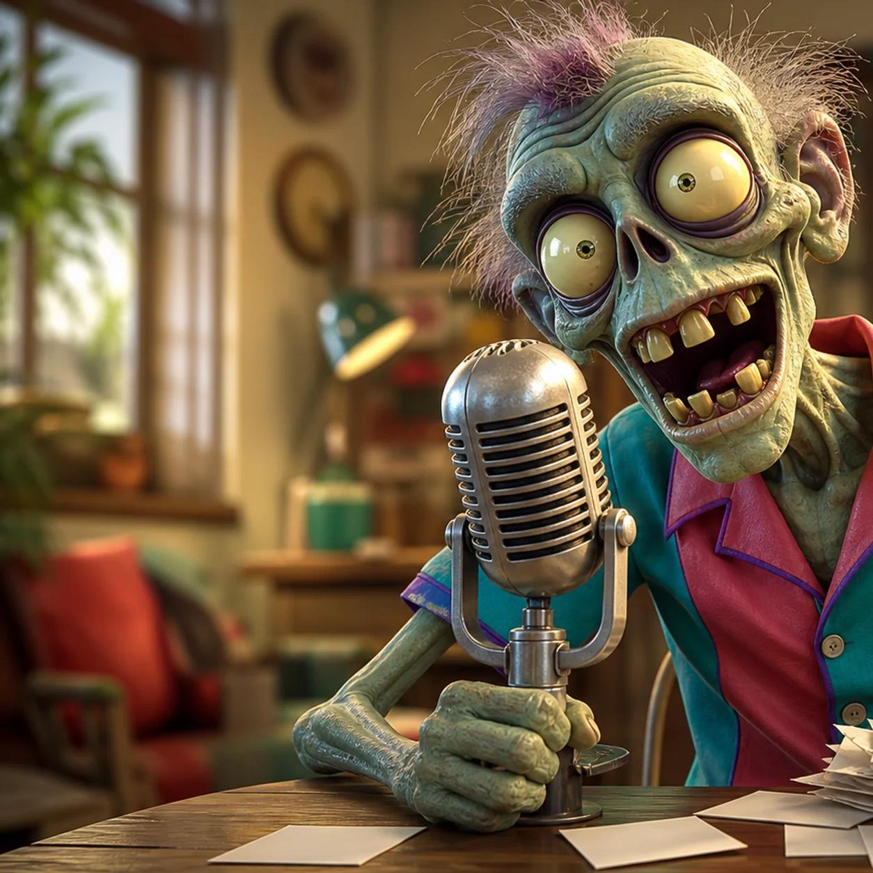 Illustration of a zombie mascot animatedly speaking into a vintage microphone, gesturing as if telling a story, with notes and papers scattered on a nearby table.
