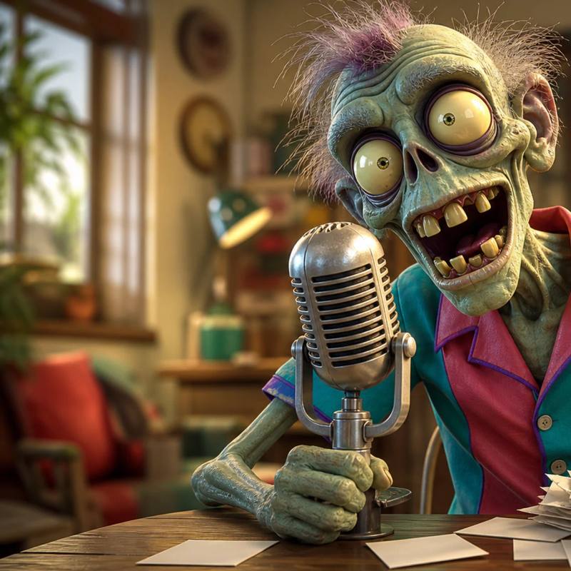 Illustration of a zombie mascot animatedly speaking into a vintage microphone, gesturing as if telling a story, with notes and papers scattered on a nearby table.
