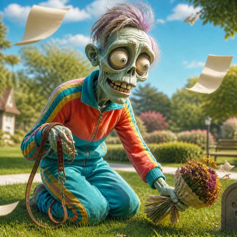 Illustration of a zombie kneeling in a park, placing wilted flowers beside a small paw-print memorial stone while holding an empty dog leash and collar, with scattered torn advertising flyers blowing across the ground.