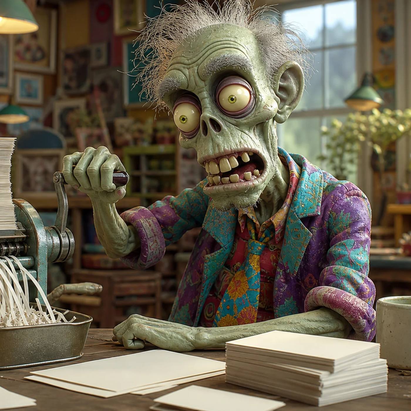 A zombie mascot cranks a hand-operated paper sorter to clear a pile of documents at a cluttered desk, with a coffee mug and organized index cards nearby.